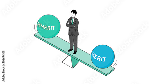 メリットとデメリットの天秤で悩むスーツの中年男性のイラスト、ベクター