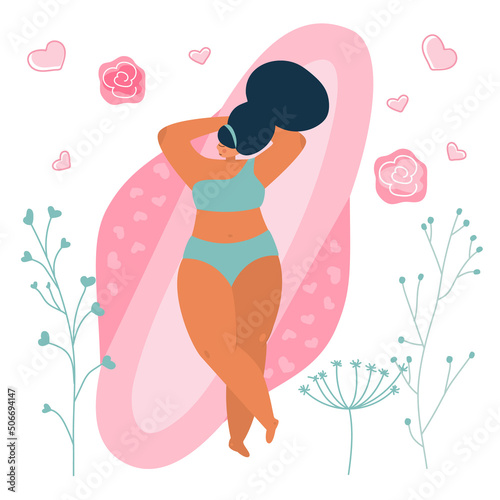 Vector illustrations with body positive young girls lies on Hygienic Menstrual Pads. The menstrual period cycle, PMS and blood is NORMAL