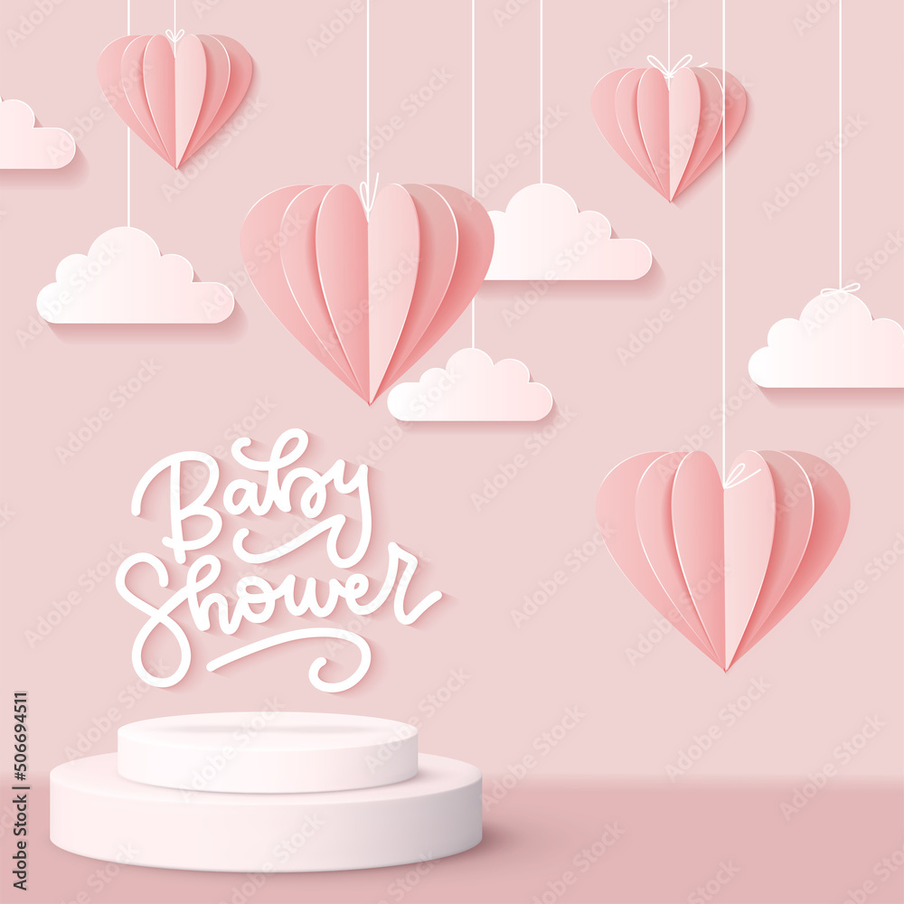 Baby shower greeting card for little girl on pink sky with 3d paper cut hearts and clouds. Realistic Cylinder podium with copy space for baby's photos. Vector Cute backdrop for newborn Baby shower greeting card for little girl on pink sky with 3d paper cut hearts and clouds. Realistic Cylinder podium with copy space for baby's photos. Vector Cute backdrop for newborn
