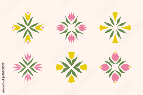 Tulip vector logo mark template or icon. Set of elegant design elements with ornamental flowers and leaves