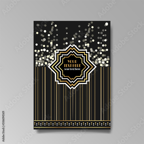 Art Deco template golden-black white, A4 page, menu, card, invitation, Sun and city lights in a Art DecoArt Nuevo style photo