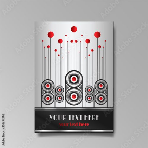 Art Deco template silver-black and red, A4 page, menu, card, invitation, Sun and city lights in a vampire style,