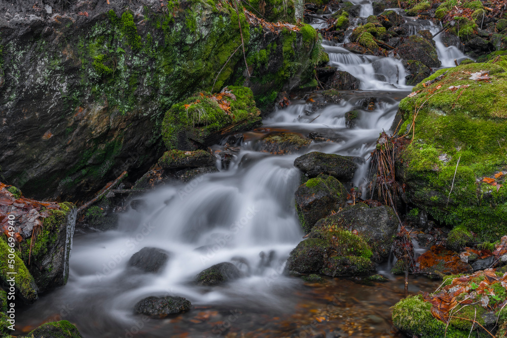 Prudky rucej creek with waterfall near confluence with Jizera river