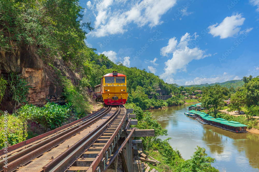 Naklejka premium death railway,Death Railway with train Famous place in Kanchanaburi Thailand