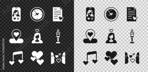 Set Dating app online, Clock with heart, Envelope Valentine, Music note, tone hearts, Heart, Love first sight, Location and Couple love icon. Vector photo