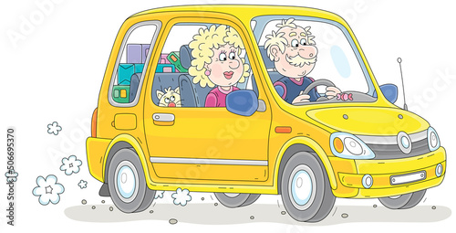 Happy grandpa and grandma with a funny cat and boxes with things in a trunk driving in their small yellow car, vector cartoon illustration isolated on a white background