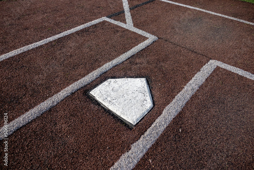 Top down, close up view of home base on a baseball field