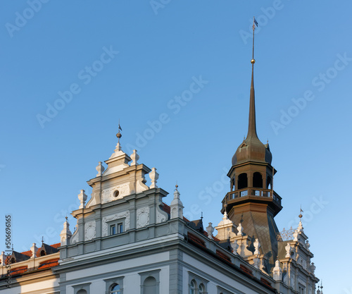 Detail of the exterior elegant achitectures of Narodni Dom, cultural event center in downtown Maribor, Slovenia photo