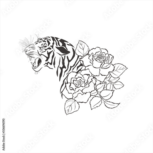 Tiger with flowers on white background.
