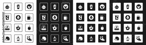 Set Tea leaf, Ice tea, Ball strainer, Cup of, with, Mate and icon. Vector