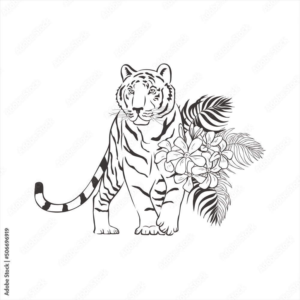 Tiger with flowers on white background.