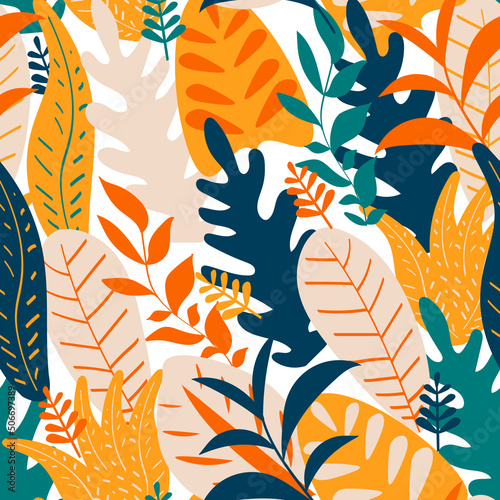 Colorful tropical leafs seamless pattern. Tropical texture, raster version. G...