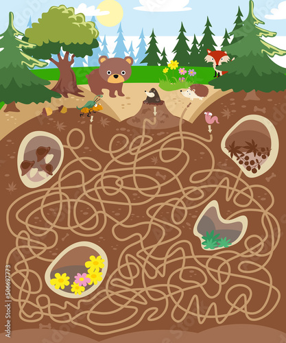 Maze game  activity for children. Vector illustration. Walk along the paths. Forest animals  life underground. Burrows and tunnels.