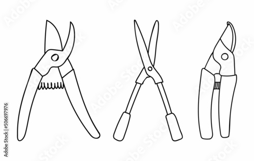 Hand drawn pruner illustrations collection in vector. Doodle pruner icons set in vector. Garden scissors hand drawn icons collection.