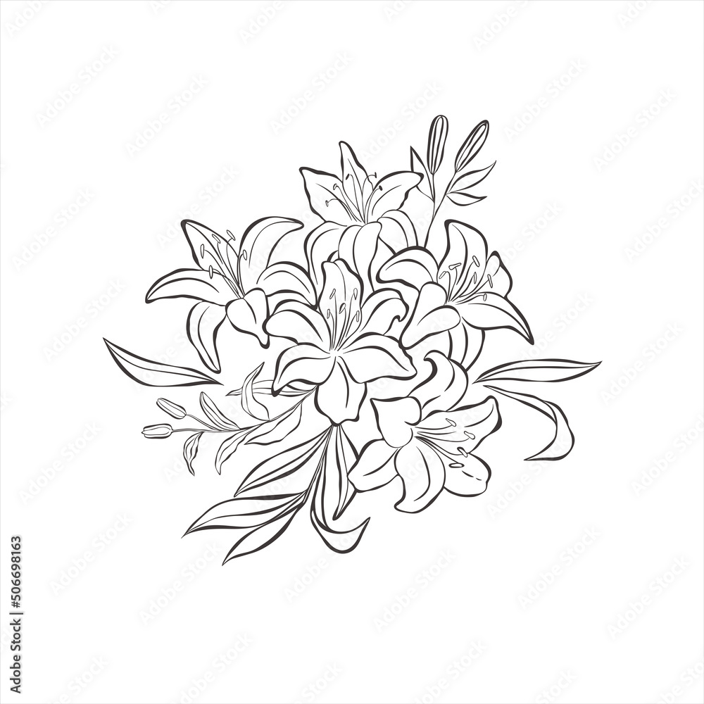 Bouquet with lily flowers and leaves. Bouquet with lily flowers and leaves.