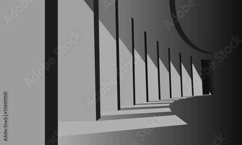 An abstract building with light streaming in between the columns vector color icon. Beams of light. Concrete. Smooth dimming. cylindrical tunnel. 3d, colored picture for: decorate, web design. EPS 10
