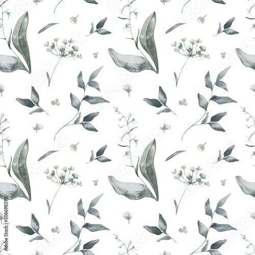 Watercolor Seamless Pattern Background with Leaves and Umbrella Flower on White Background.