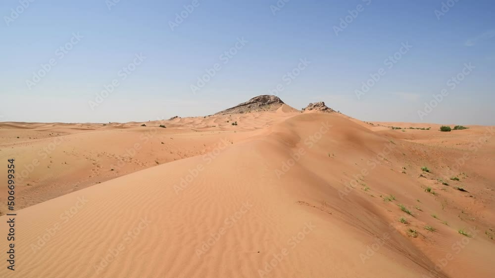 walking in the desert with nobody and with blue sky, 4k footage in real time