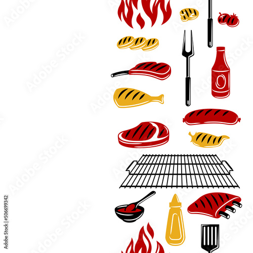 Bbq seamless pattern with grill objects and icons. Stylized kitchen and restaurant items.