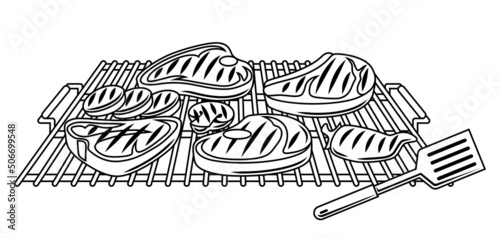 Bbq illustration with grill objects and icons. Stylized kitchen and restaurant items.