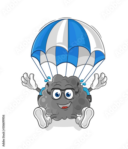 black cloud skydiving character. cartoon mascot vector