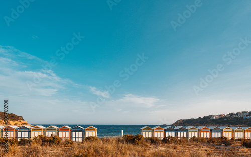 Famous beach huts in Sagaro with Playa de Sant Pol, Costa Brava. Spain. Mediterranean Sea photo