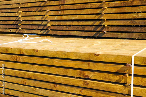 Konstfotografi Stacked impregnated thick pine wood boards for background and texture