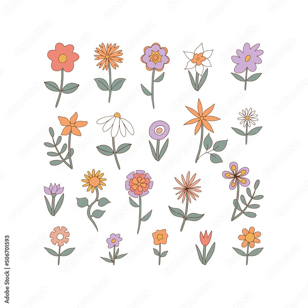 Retro hand drawn flowers. Cute doodles. Vintage stickers. Cartoon 70s-80s style. Trendy modern vector illustration for poster, postcard or background.