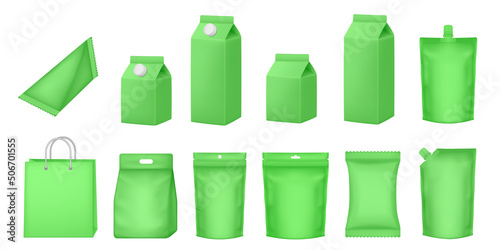 Set of milk cardboard package. Vector zip bag. Realistic carton package with cap. Box for dairy products. Pouch and doy pack mockups. Green flow pack, sachet. Green paper bag. Tetrahedral packaging