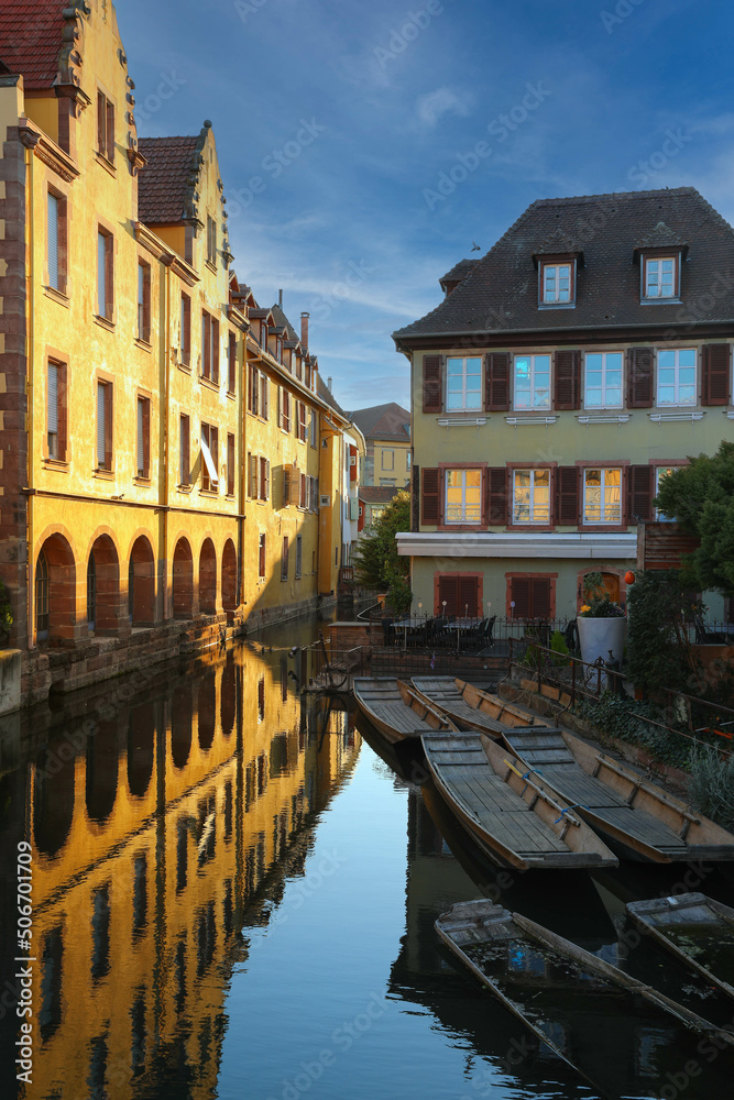 Reflection of traditional half-timbered houses on water at Colmar , Alsace rigion, France