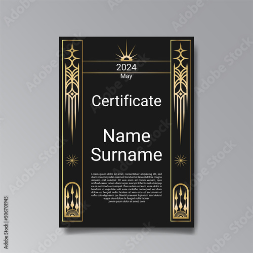 Art Deco A4 page template, retro style for web and print, city and the lights pattern with golden lines. Modern design for menu or flyer,