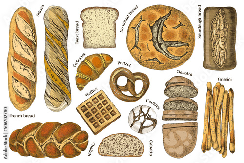Fresh baked bread sketches set