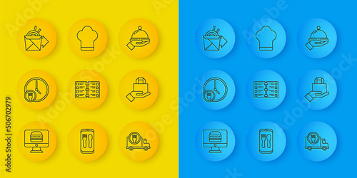 Set line Online ordering and delivery, Round the clock, Restaurant cafe menu, Fast by car, noodles, Covered with tray of food and Chef hat icon. Vector