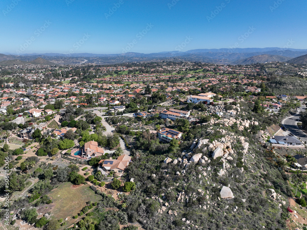 Fototapeta premium Aerial view of middle class neighborhood with villas in South California, USA