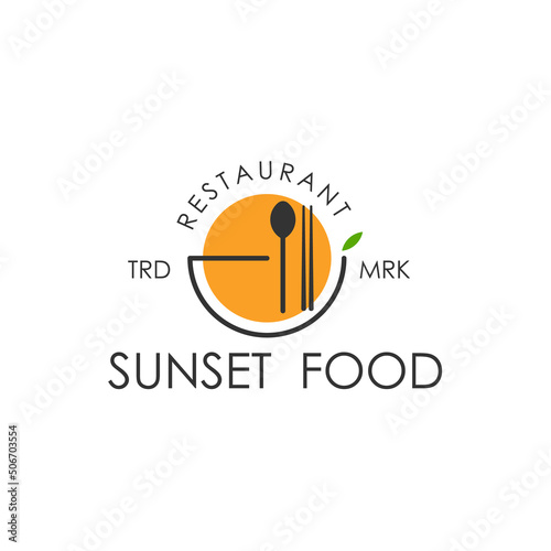Sunset Sunrise with mug, Spoon and Fork for Food Restaurant Logo Design VectorPrint