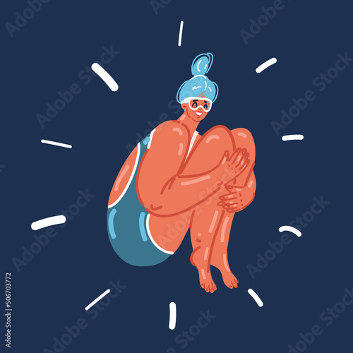 Cartoon vector illustration of Women Taking Part in High Diving Competition Race. Female Diver Swimmer in Swimsuit Jumping from Trampoline, Board, Podium. Summer Individual Water Sport