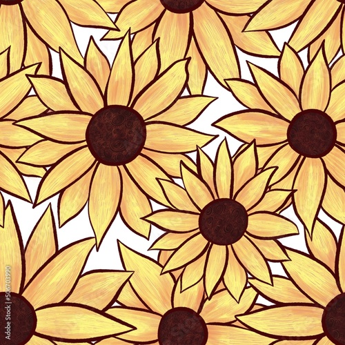 Sunflower seamless pattern on white background. Stylized yellow flowers resembling sun. Flowers are close to each other.