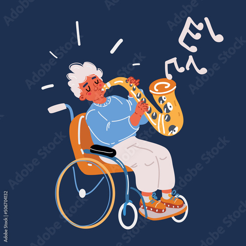 Cartoon vector illustration of Happy teen boy in wheelchair playing guitar, using musical instrument indoors. Cheerful handicapped adolescent creating music, performing concert.