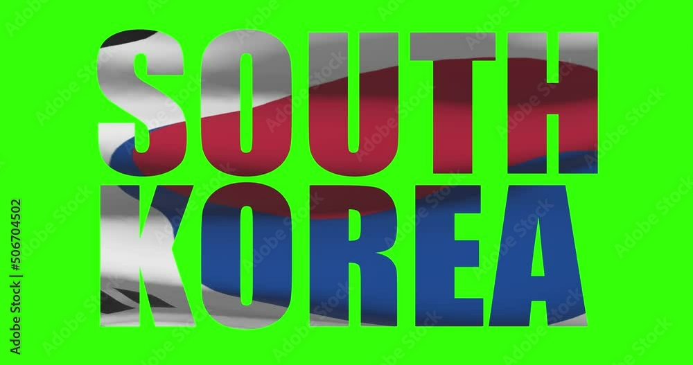 South Korea country lettering word text with flag waving animation on green screen 4K. Chroma key background South Korea country lettering word text with flag waving animation on green screen 4K. Chroma key background