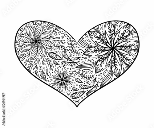 Floral, hand drawn aster mandala flowers in doodle style isolated on white background. Сoloring page for adult and kids, decorating kids playroom or greeting card. Chrysanthemum, Lotus in a heart