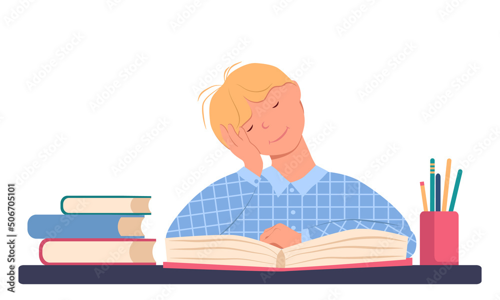 Little boy fell asleep at the table over a book. Schoolboy is tired. Illustration in flat style on a white background