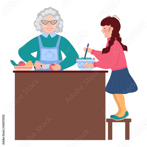 Granddaughter helps grandmother in the kitchen. Little girl is stirring the salad. Elderly woman cuts vegetables. Housework. Illustration in flat style on white background.