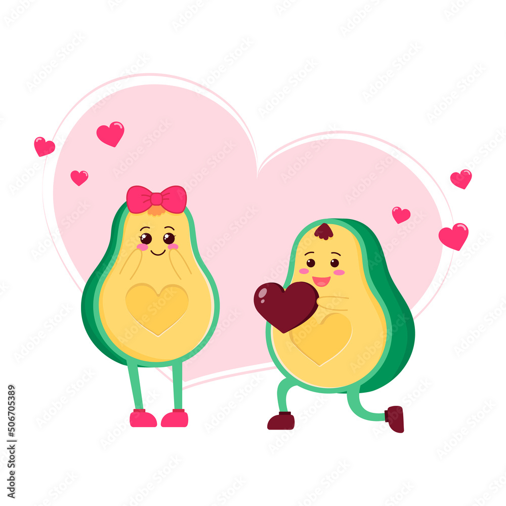 Cute avocado characters. Kawaii style. Couple in love. Gift.