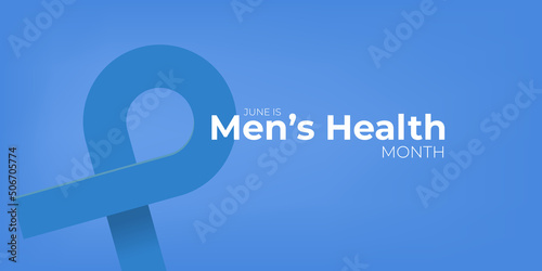 Mens health month concept horizontal banner design template with blue ribbon and text isolated on blue background. June is national mens health awareness month vector flyer or poster