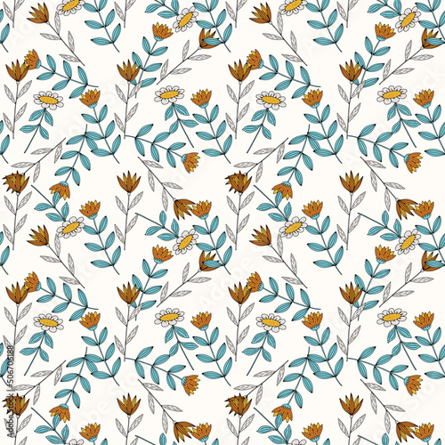 Vector seamless pattern with doodle hand drawn flowers. Beautiful stylised nature background. Boho seamless texture for textile, wallpaper, scrapbooking and wrapping paper.