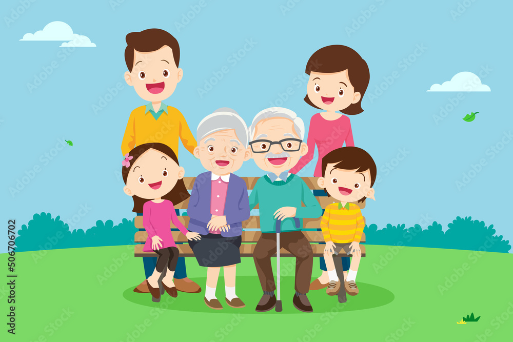 Big family and Grandparents are sitting on a bench in the park
