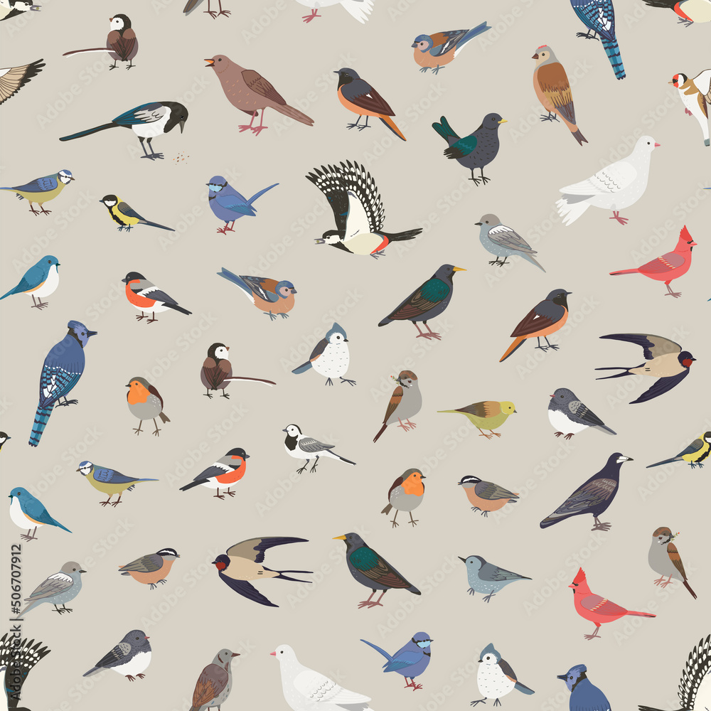 Garden birds vector seamless pattern