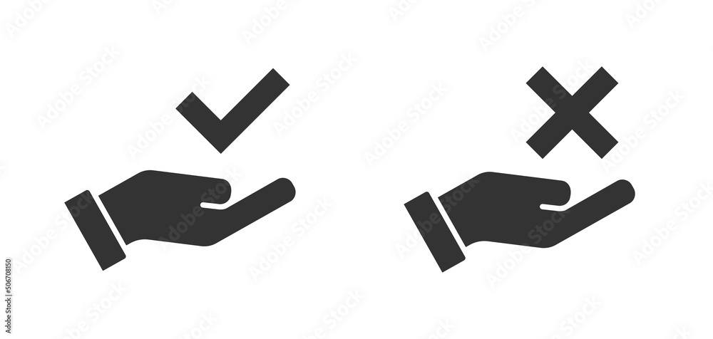 Checkmark on hand icon. Сonfirm and reject symbols. Vector illustration. Checkmark on hand icon. Сonfirm and reject symbols. Vector illustration.