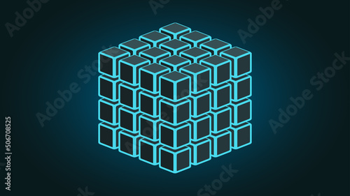 Blue neon futuristic cube of cubes on dark background