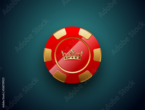 Red gold poker chip glossy black jack poker club casino crown emblem isolated on turquoise background. Vector VIP casino chip icon design. Royal casino background
